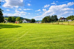a large field of green grass with houses in the background at Extertal Ferienpark Sauna Wald 51 in Extertal