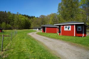 Ein Feldweg führt zu zwei roten Gebäuden auf einem Bauernhof in der Unterkunft Skårs gård in Fjärås