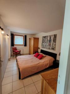 a bedroom with a large bed with red pillows at gite villa ardeche joyeuse piscine in Joyeuse