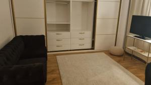 a living room with a couch and a television at Scandinavian Studio Bucharest in Dudu