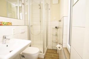 a bathroom with a shower and a toilet and a sink at Bungalow Hanseatchen in Baabe +15 photos