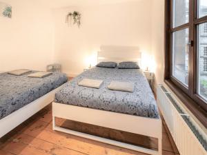two beds in a room with two windows at Deluxe Capital Street Stay for 12 in Antwerp