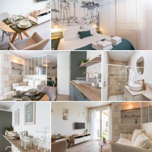 a collage of photos of a bedroom and a living room at Slow studio, Les Clés de l'Espoir, proche Poitiers in Nieuil-lʼEspoir