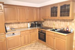 a kitchen with wooden cabinets and a sink at Zur kleinen Auszeit in Issigau