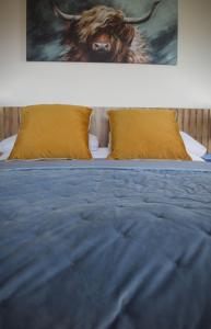 a bed with yellow pillows and a painting of a horse at Benview House in Staffin