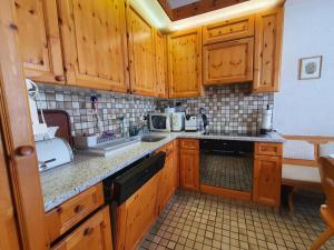 a kitchen with wooden cabinets and a counter top at La Schmetta 65 Quadroni in Lenzerheide