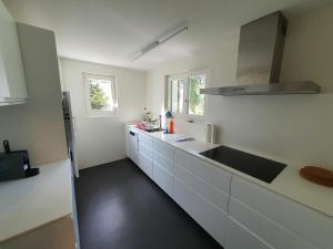 a kitchen with white cabinets and a black sink at Ferienhaus Tina in Lenzerheide