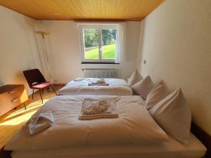 two beds in a room with a window at Ferienhaus Tina in Lenzerheide