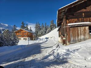 a snow covered road next to a log cabin at Maiensäss Crapera in Lenzerheide