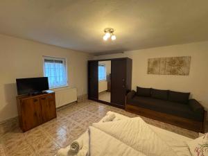 a living room with a couch and a television at Apartmány LAVANDE in Trávnica