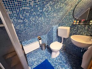 a blue tiled bathroom with a toilet and a sink at The Szigliget Residence in Szigliget +26 photos
