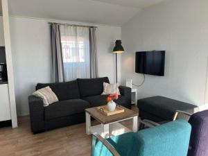 a living room with a couch and a table at Chaletverhuur-Olmenduin in Serooskerke