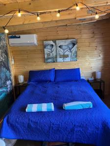 a bedroom with a blue bed with two pillows on it at Finca El Escondite in Olocau +39 photos