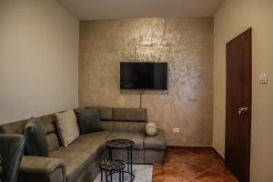 a living room with a couch and a tv on a wall at D&N Adriatic Nest in Kotor