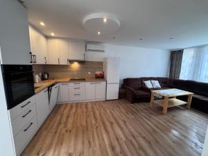 a kitchen and living room with a couch and a table at Domek Premium in Tleń +2 photos