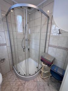 a shower with a glass door in a bathroom at Domek Premium in Tleń