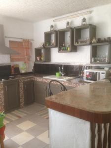 a kitchen with black cabinets and a counter top at Habitation Joseph in Trou d'Eau Douce
