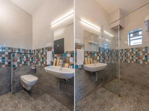two pictures of a bathroom with a toilet and a sink at Treebo Premium Vapr Ashok Nagar in Chennai +33 photos