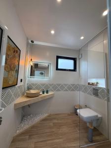 a bathroom with a shower and a toilet and a sink at Вила Солана - Villa Solana in Lozenets