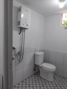 a bathroom with a white toilet and a shower at Bliss 10 people in Palayangan