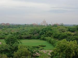 an aerial view of a golf course in a park at Hotel Taj Plaza, Just a 5-minute walk from the Taj Mahal 600 meters in Agra