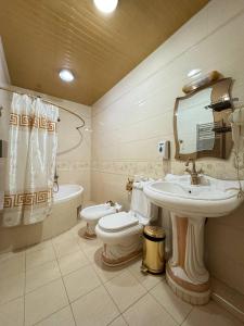 a bathroom with a sink and a toilet and a mirror at Turkiston Hotel in Namangan