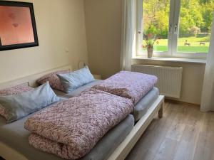 two beds sitting in a room with a window at Haus Landlust - OG in Edersee