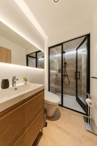 a bathroom with a toilet and a sink and a shower at Kuro Hakuba in Hakuba
