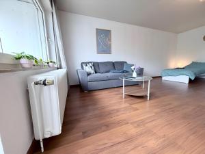 a living room with a couch and a table at Über den Dächern von Borghorst - direktes Zentrum in Steinfurt