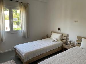 a bedroom with two beds and a window at Platanos Rooms in Agia Marina