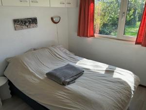 a bed in a bedroom with a towel on it at De huismus in Sleen