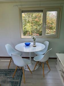 a white table and chairs in a kitchen with a window at De huismus in Sleen