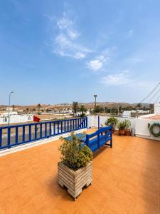 a balcony with a blue railing and some plants at Casa de Hollanda in Sidi Ifni