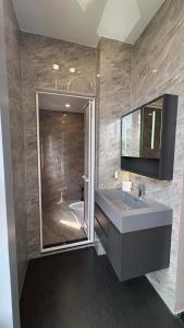 a bathroom with a large sink and a shower at Nâu Homestay in Hai Phong