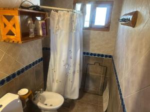a bathroom with a shower curtain and a toilet at Casa cuidamos in Mar de las Pampas +8 photos