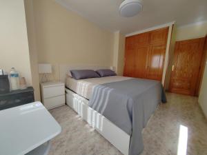 a bedroom with a bed with purple pillows and a tv at Casa Susan's in Águilas