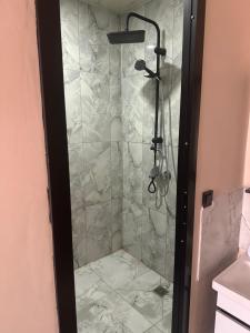 a shower with a glass door in a bathroom at ESER PALAS OTELİ in Konya