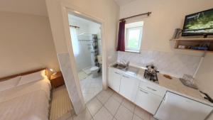 a bathroom with a bed and a sink and a toilet at Peaceful studio in avonija in Murine +11 photos