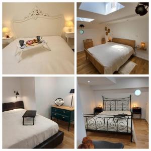 three different pictures of a bedroom with two beds at Peniche a Namur - Perle rare - 8 pers in Namur +94 photos