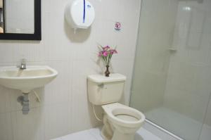 a bathroom with a toilet and a sink and a shower at Hotel San Marcos Barranquilla in Barranquilla