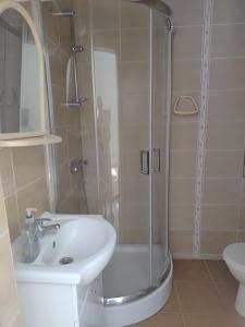 a bathroom with a shower and a sink and a toilet at Dom Wczasowy Jędrek pokoje in Niechorze +70 photos