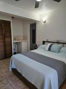 a bedroom with a large bed and a desk at Hotel Uke Inn Terán in Tuxtla Gutiérrez