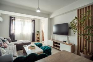 a living room with a couch and a tv at Ohrid Pearl Apartment in Ohrid