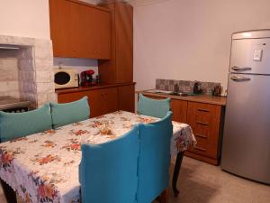 eine Küche mit Tisch, Stühlen und Kühlschrank in der Unterkunft Pansofia in Gera