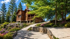 a log cabin in the woods with a path in front at Cabañas San Michele in La Cumbrecita +44 photos