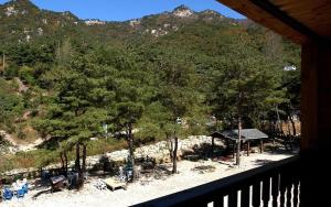a view of a beach with trees and a mountain at Goesan Jakeun Saejae Pension in Koesan