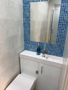 a bathroom with a toilet and a sink and a mirror at Accommodation by the sea on Sanday in Orkney