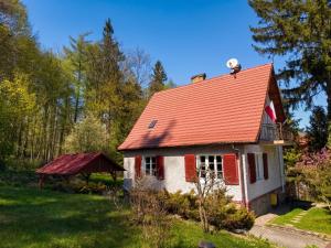 a small house with a red roof in a yard at Gawra Bogusza in Lądek-Zdrój