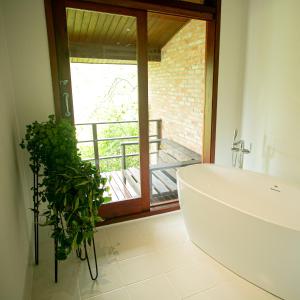 a bathroom with a tub and a plant next to a window at Pousada do Cedro in Santo Antônio do Pinhal +80 photos