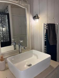 a white sink in a bathroom with a mirror at Le Logis du Coteau in Bellefoye +8 photos